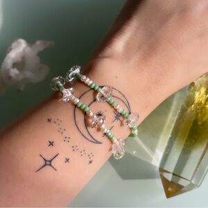 Mint Green + Pearls + Herkimer Diamond Crystal Minibeaded Bracelet Set